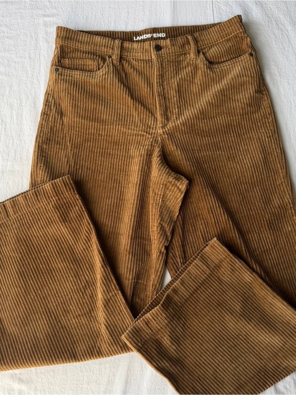 Lands’ End Women’s Corduroy Pants Size 14 Camel Tan Wide Wale Stretch 5 Pocket